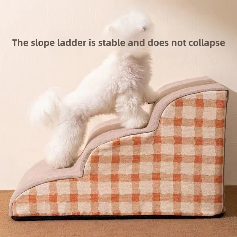 Dog using a checkered slope ladder with text indicating stability