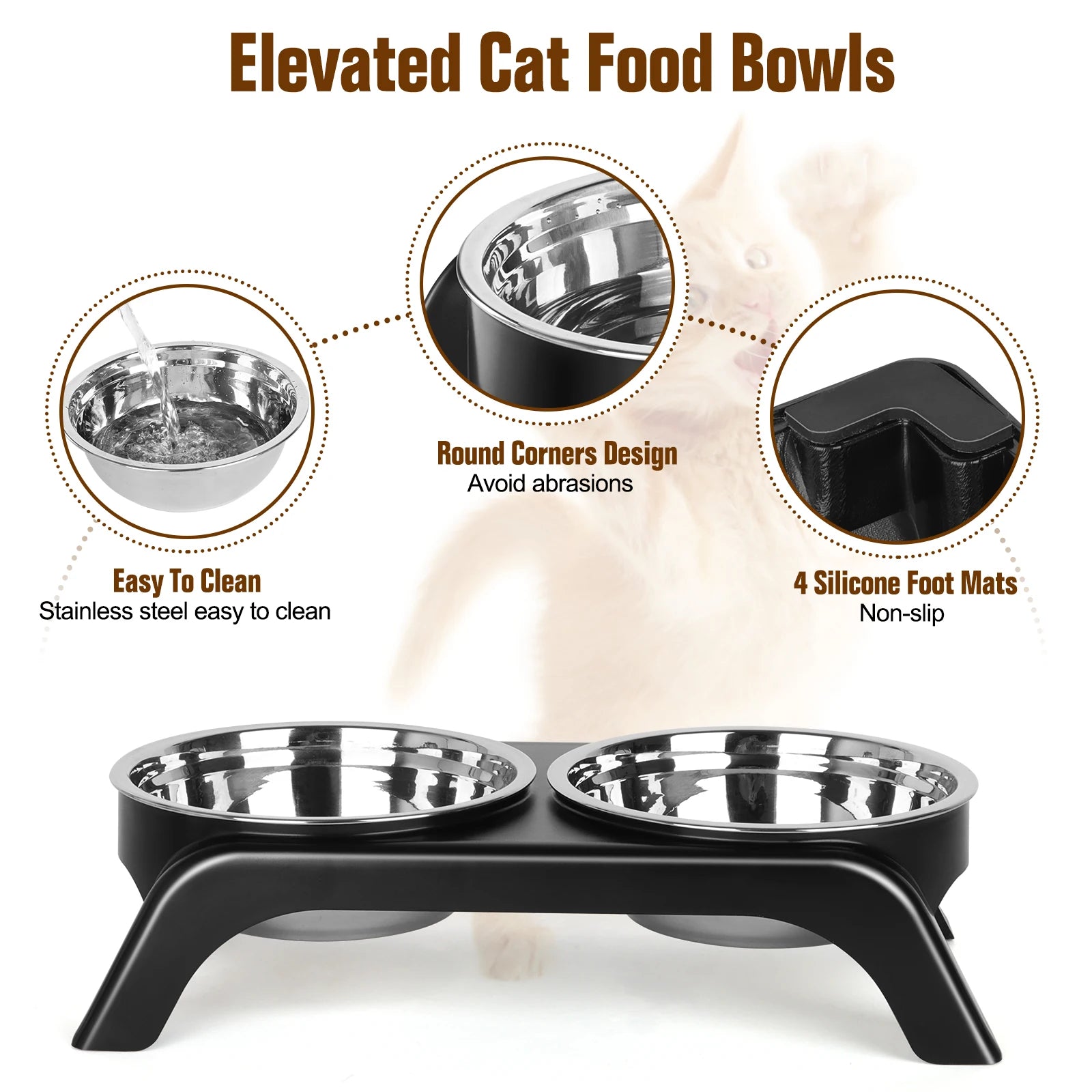 Elevated cat food bowls with features highlighted on a white background