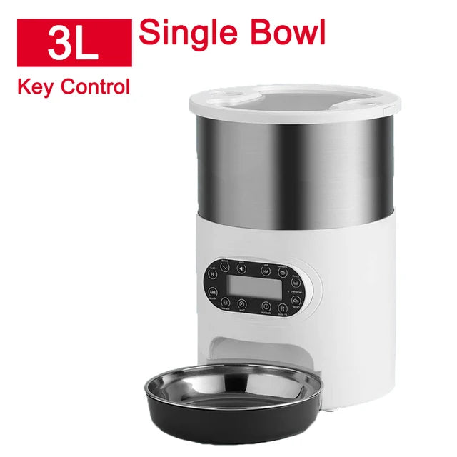 Pet feeder with digital display and '3L Single Bowl Key Control' text on a white background