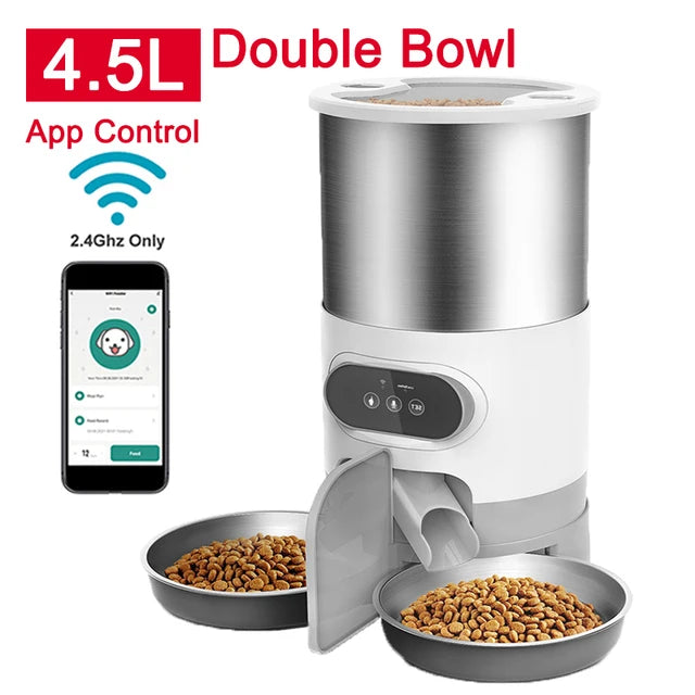 Smart pet feeder with two bowls of food, app control feature, and 4.5L capacity on a white background.