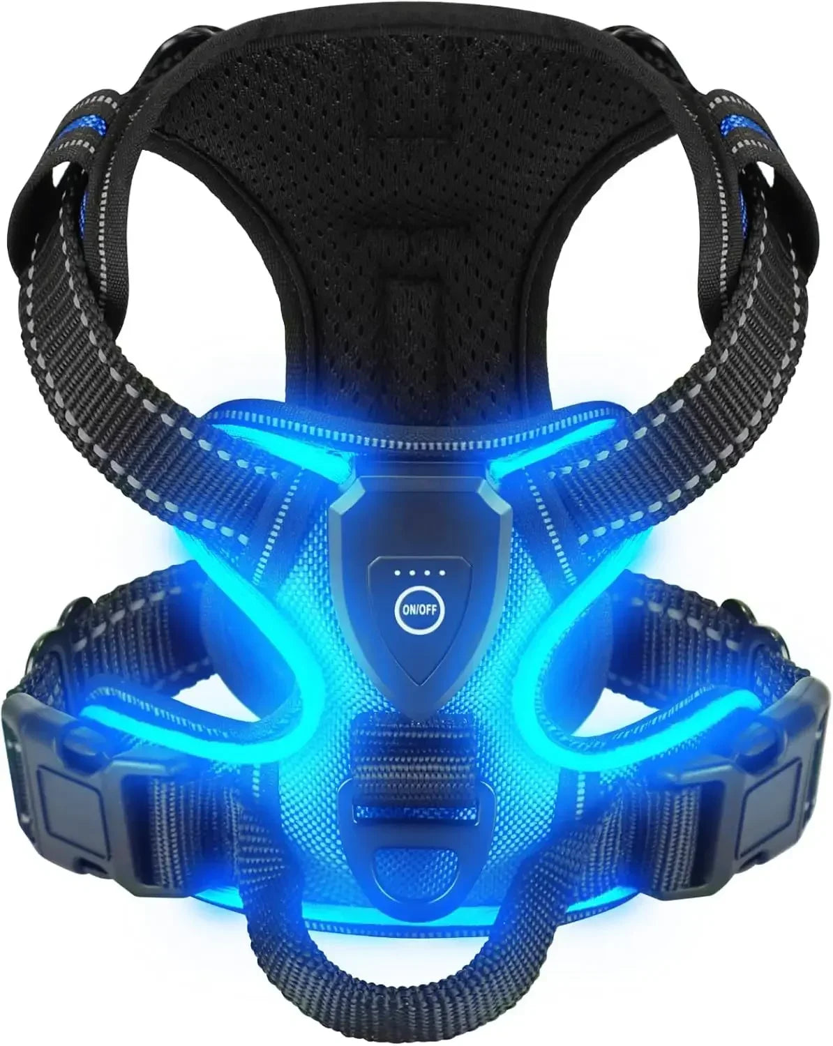 Black dog harness with blue LED lights on a white background