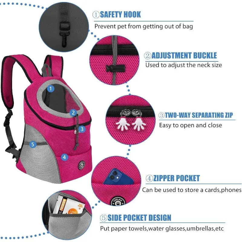 Pink pet carrier with features highlighted on a white background