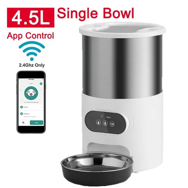 Pet feeder with app control feature on a white background