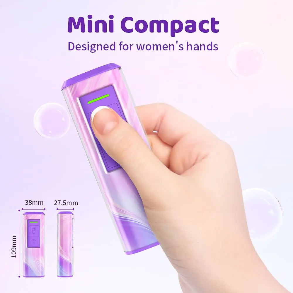 Purple handheld device with dimensions displayed, designed for women's hands on a light purple background.
