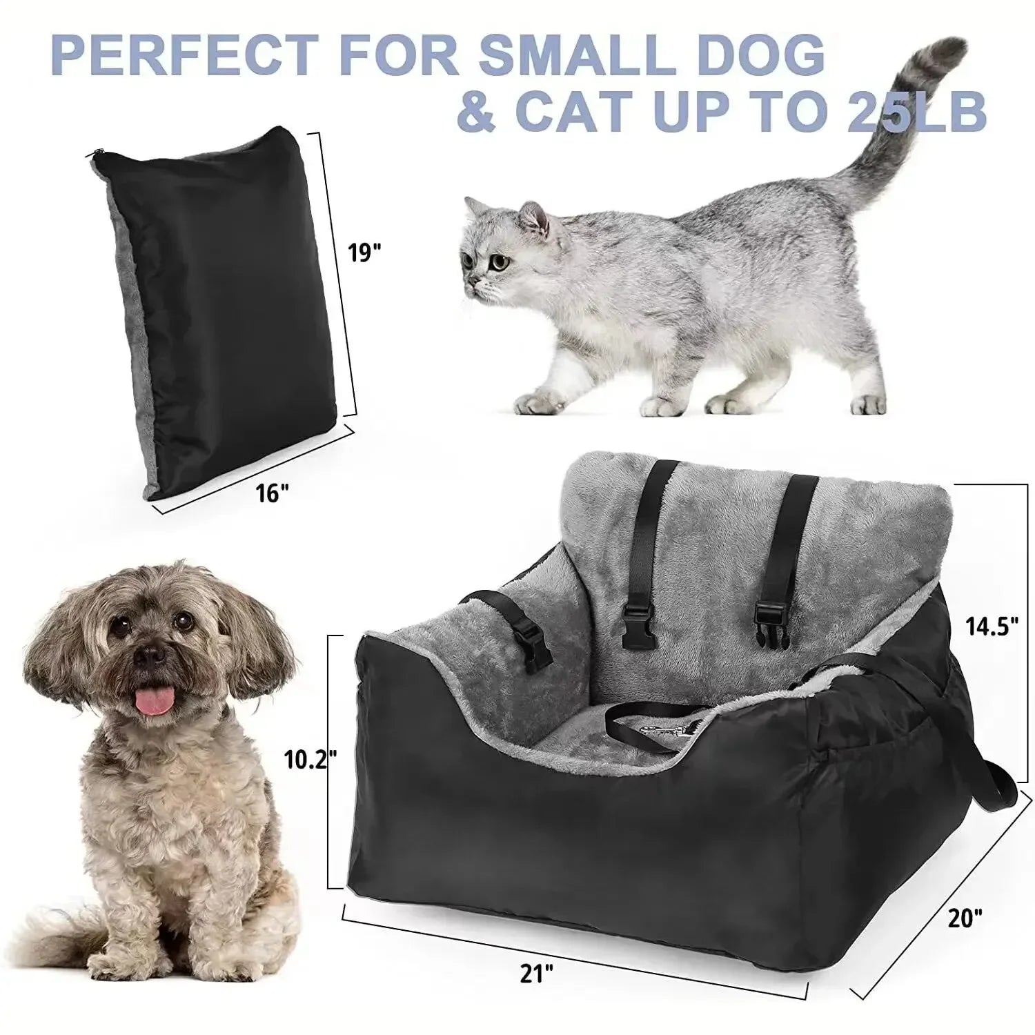 Pet seat with dimensions, showing a cat and dog, and a black cushion.