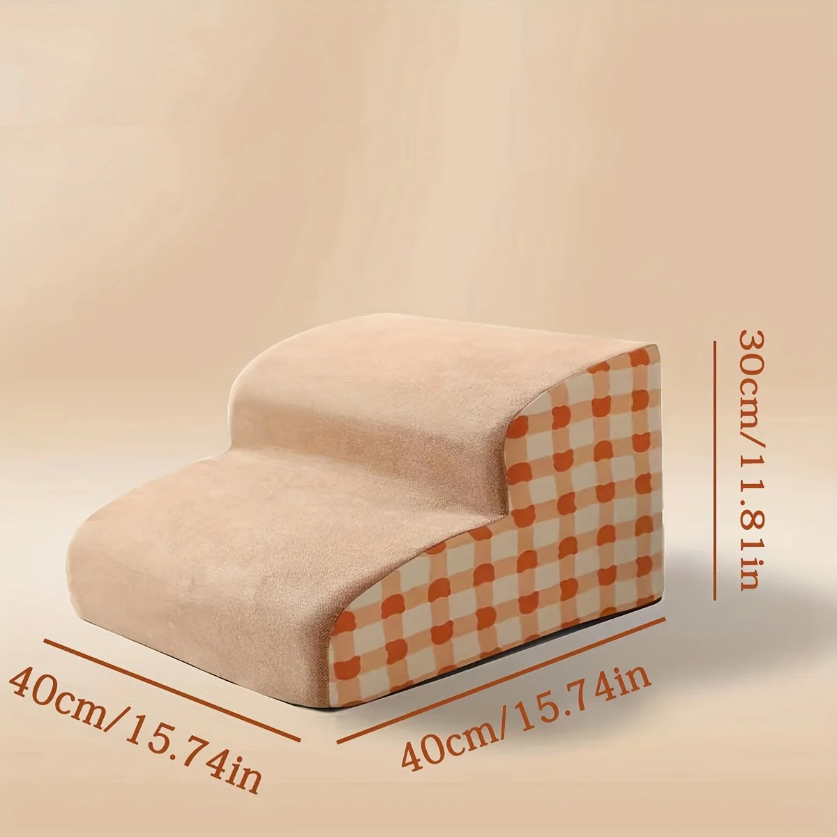 Beige and checkered pet bed with dimensions on a beige background