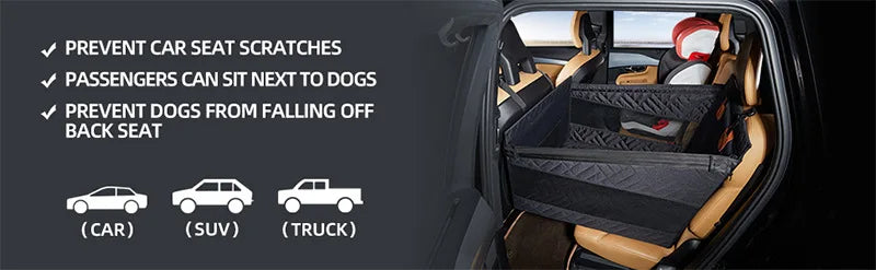 Car seat cover with features listed and examples of use on a car interior background