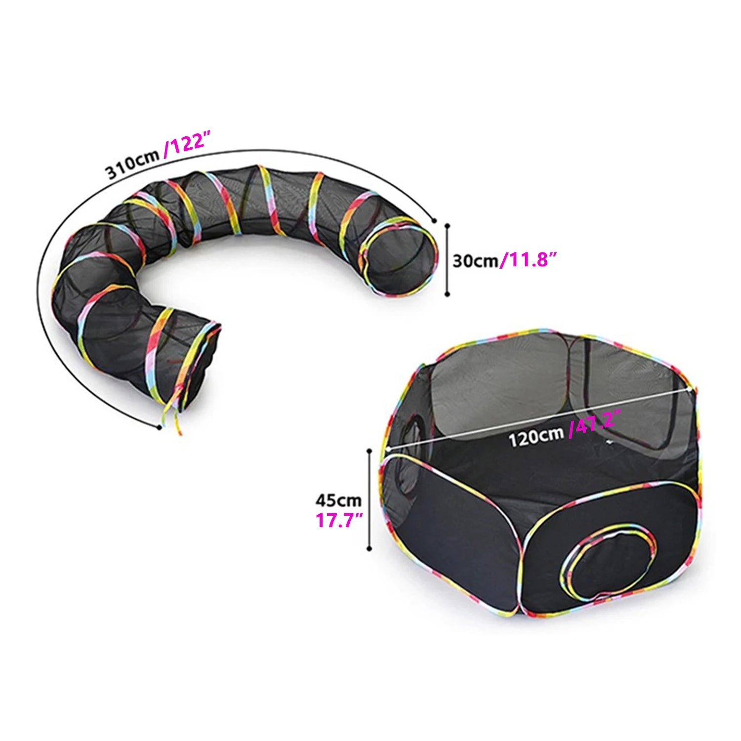 Pet play tunnel with measurements on a white background