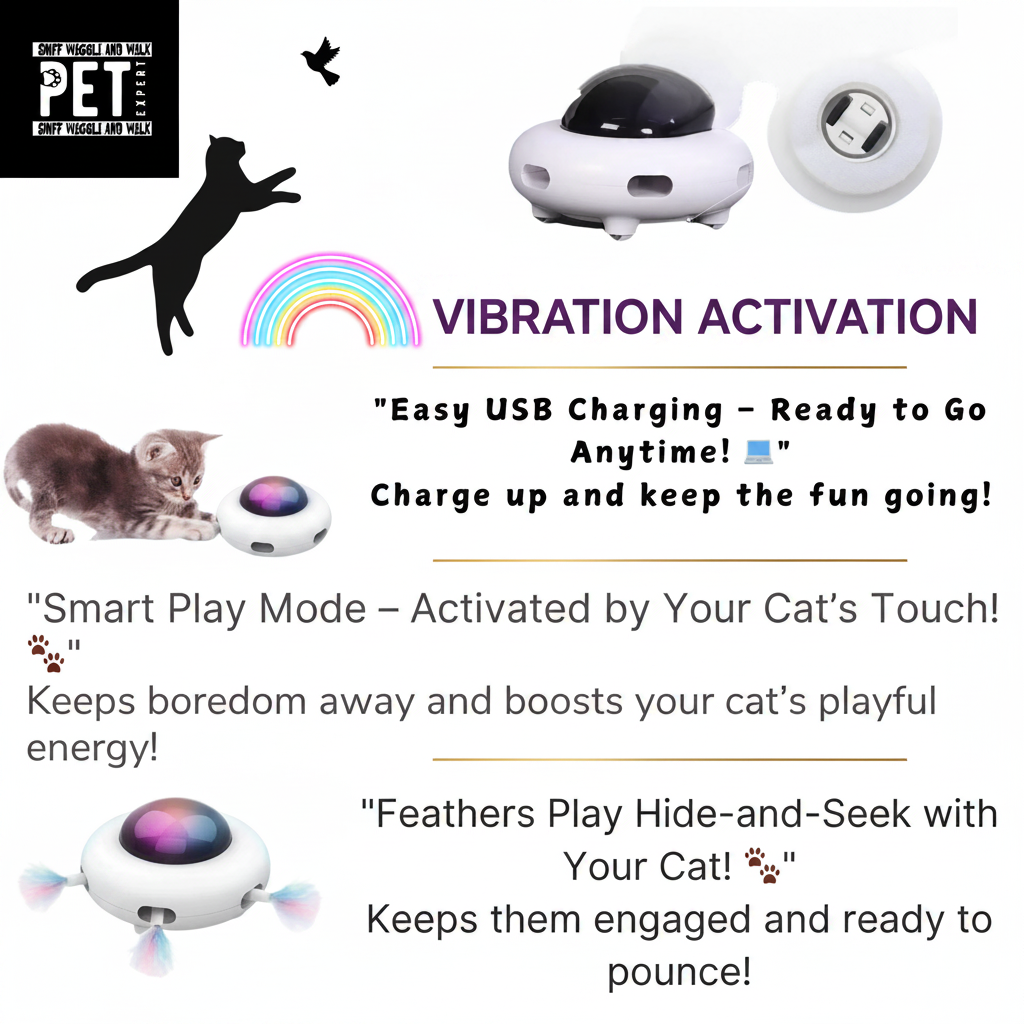 : Cat pawing at the Whisker Whirl UFO automatic feather teaser toy on a hard floor