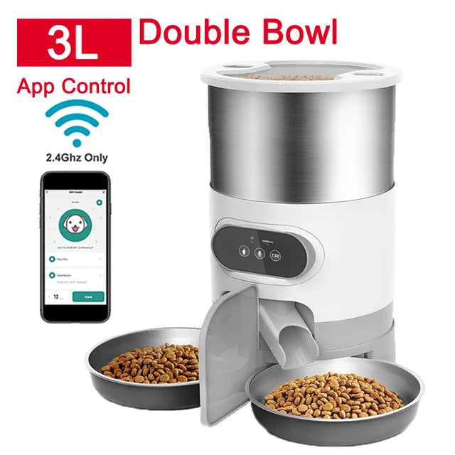 Pet food dispenser with two bowls of food, app control feature, and 3L capacity label.