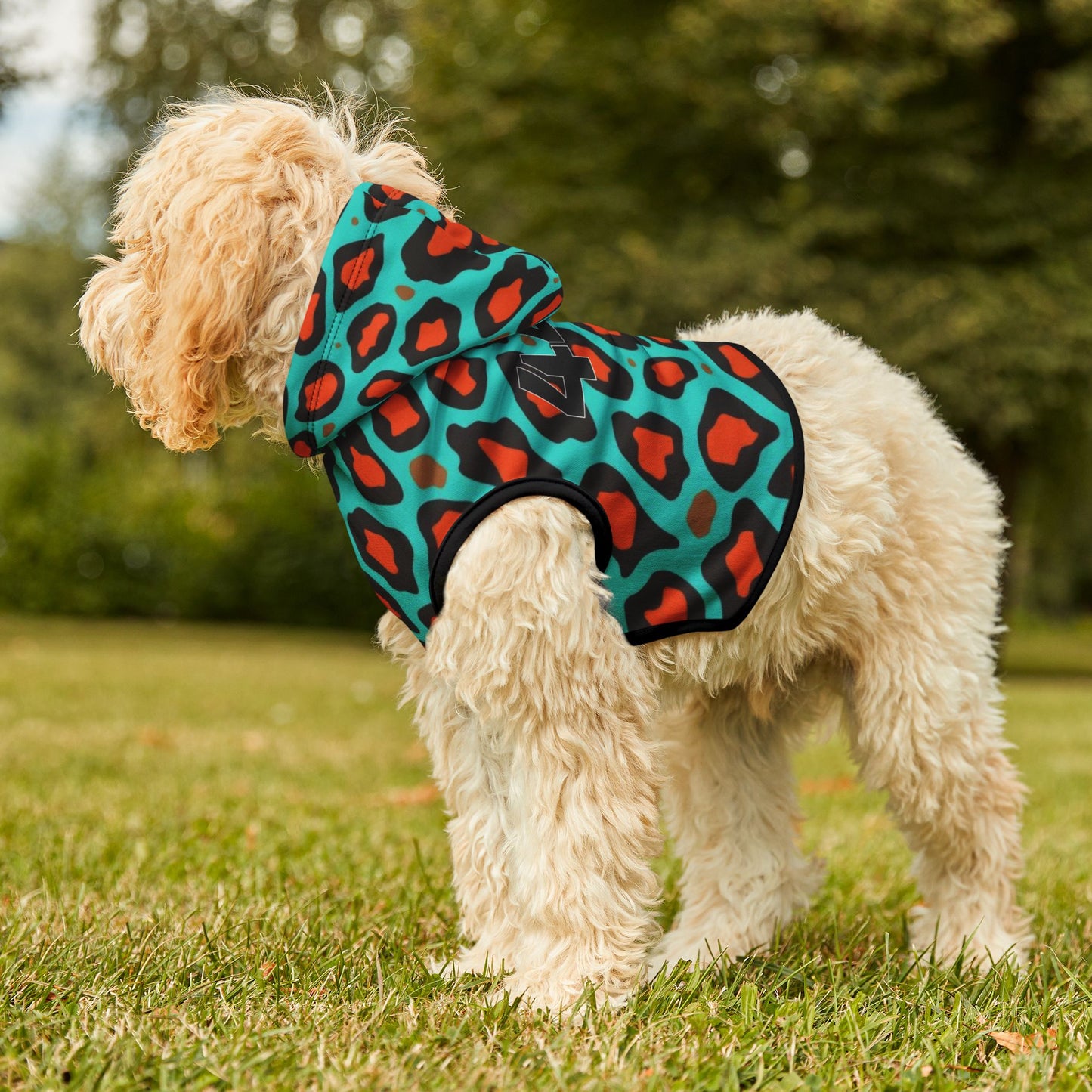 Dog wearing 444 angel number hoodie showing comfortable fit