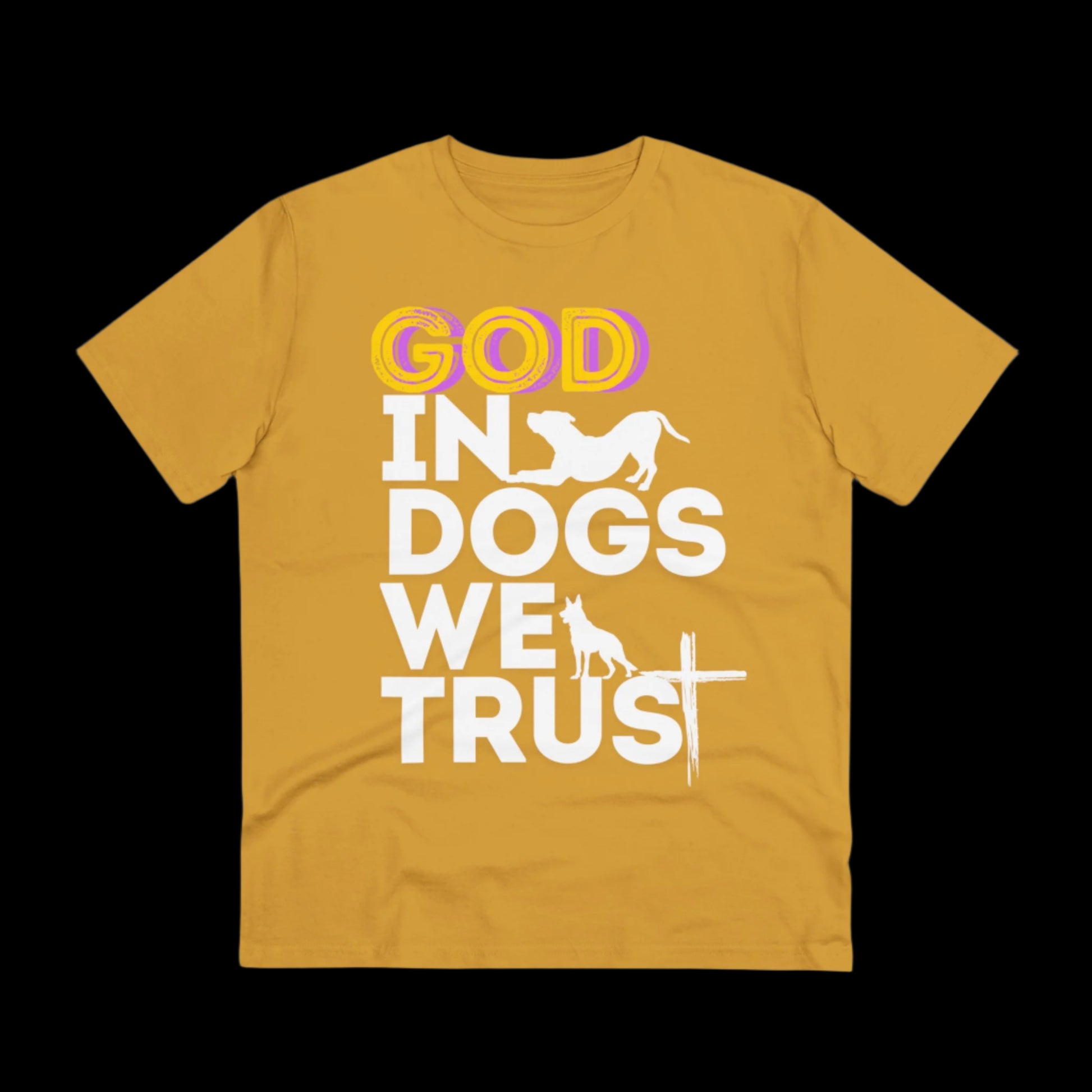 GOD IN DOGS WE TRUST Organic T-shirt - Unisex - Sniff Waggle And Walk YELLOW