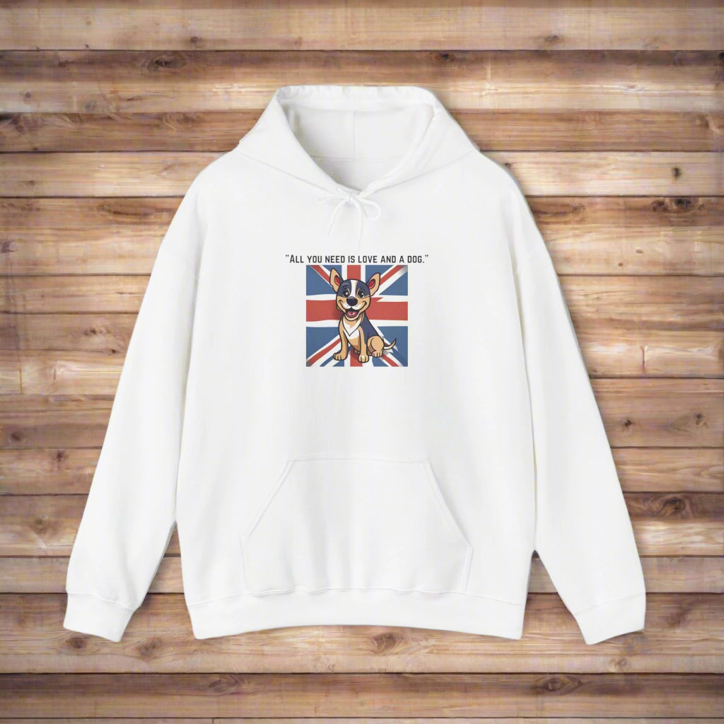 Unisex Blend™ "All you need is love and a dog." Hooded Sweatshirt - Sniff Waggle And Walk dog lovers gift white