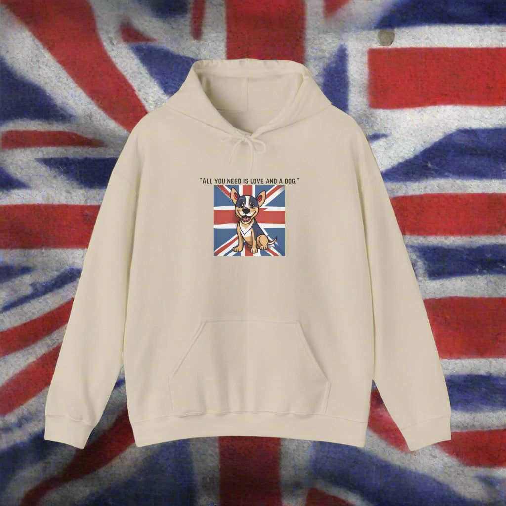 beige"All you need is love and a dog." Hooded Sweatshirt - Sniff Waggle And Walk