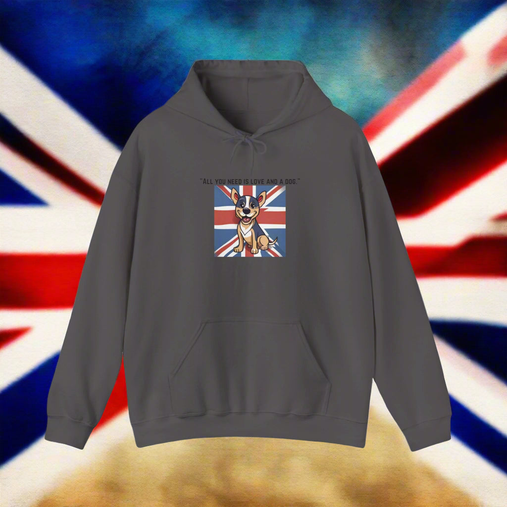 gray "All you need is love and a dog." Hooded Sweatshirt - Sniff Waggle And Walk