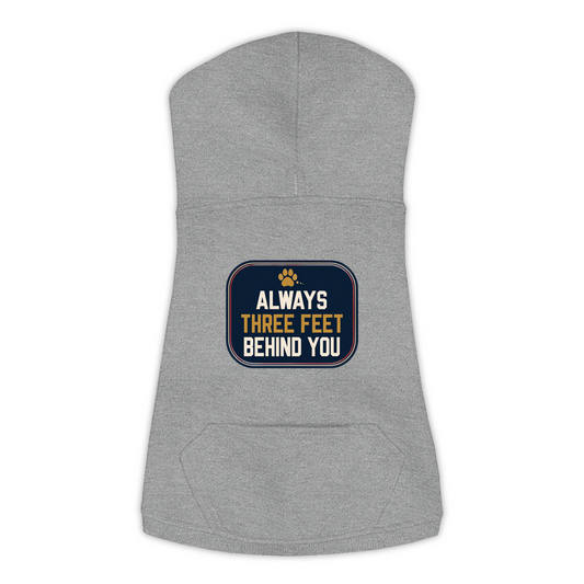 Always Three Feet Behind You funny dog hoodie in granite heather grey, sizes L to 3XL