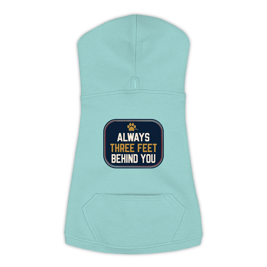 Always Three Feet Behind You funny dog hoodie in saltwater blue, sizes L to 3XL