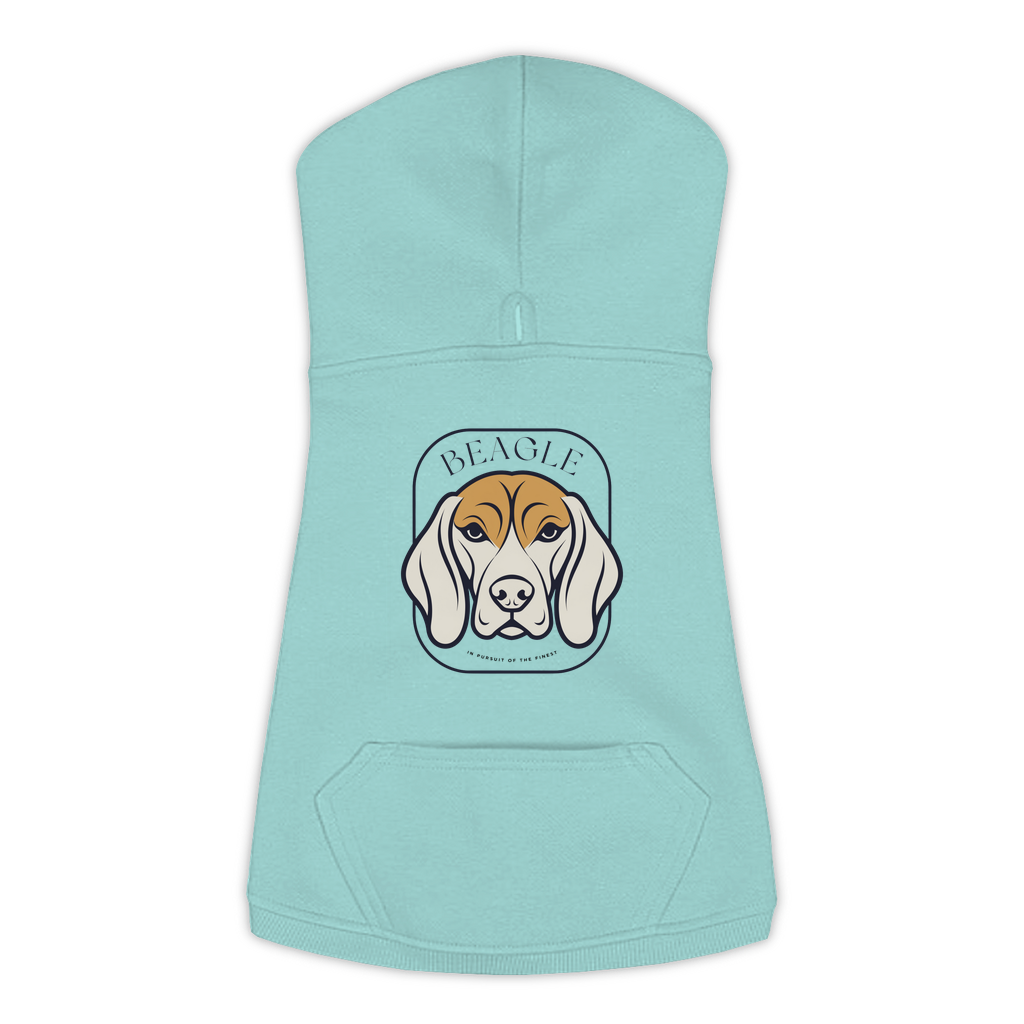 Beagle dog hoodie in Saltwater — gold crest emblem print on cosy fleece pullover