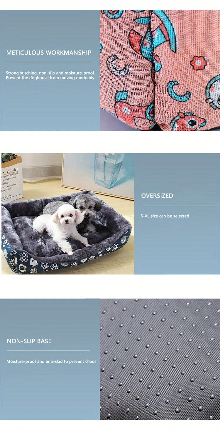 Dog bed with text highlighting features on a blue background