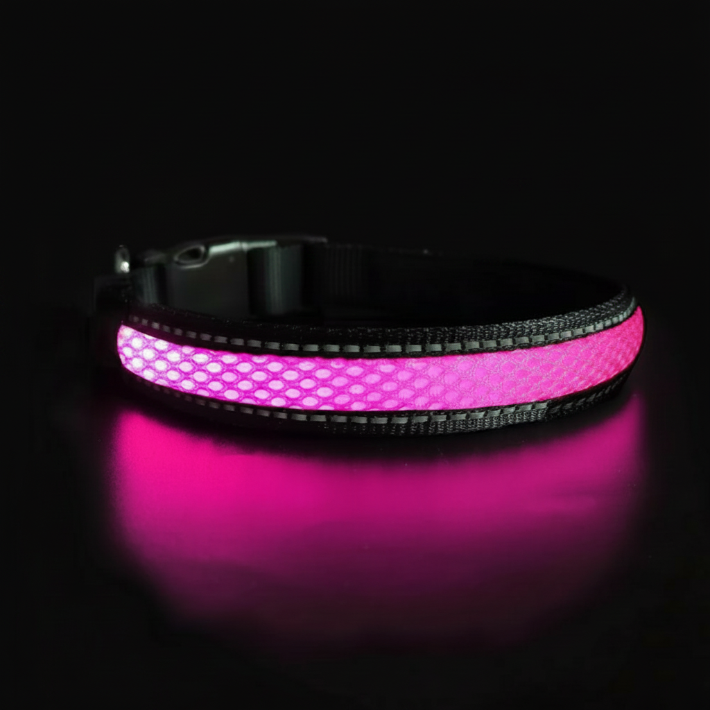 PawGlow™ rechargeable LED dog collar glowing blue — close-up of illuminated mesh strip and reflective stitching in the dark