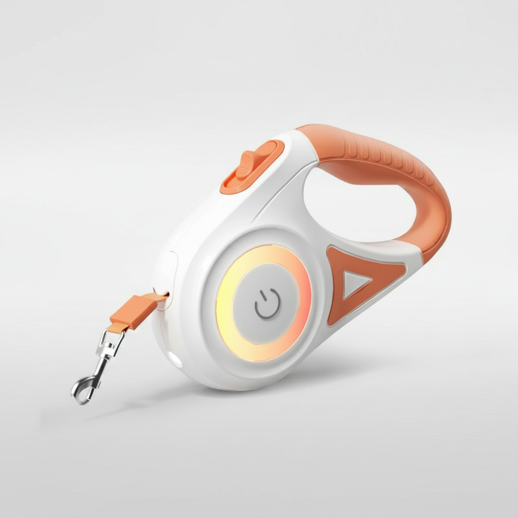 LumiLead™ 5m LED retractable dog lead in orange — side profile showing tape exit and silver carabiner clip