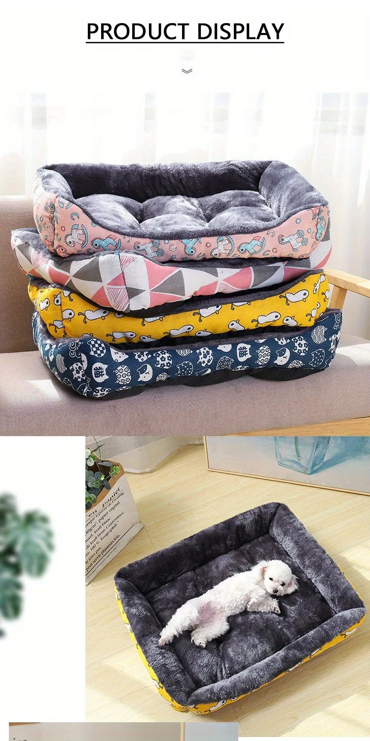 Stack of pet beds with geometric and animal patterns on a white surface.