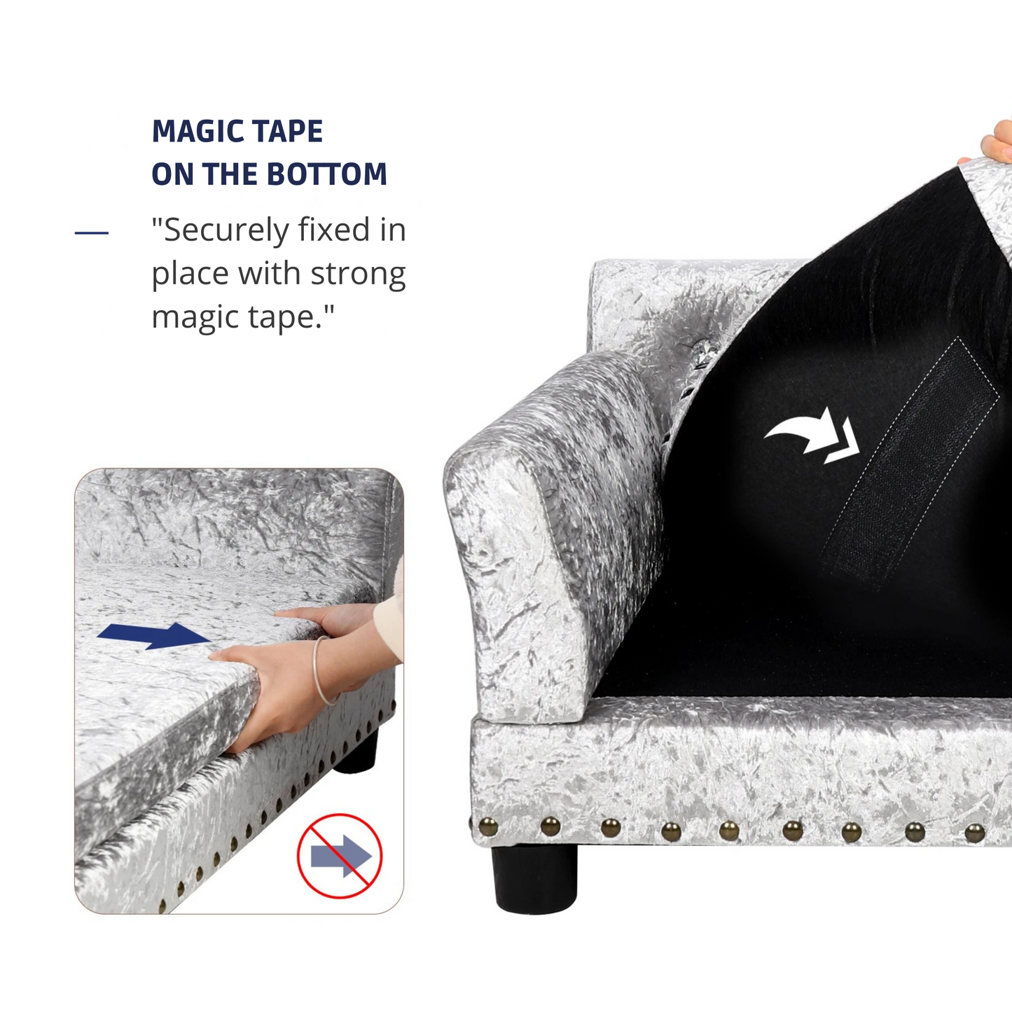 Woman and dog relaxing together on Grand Pawdiere silver velvet dog sofa bed
