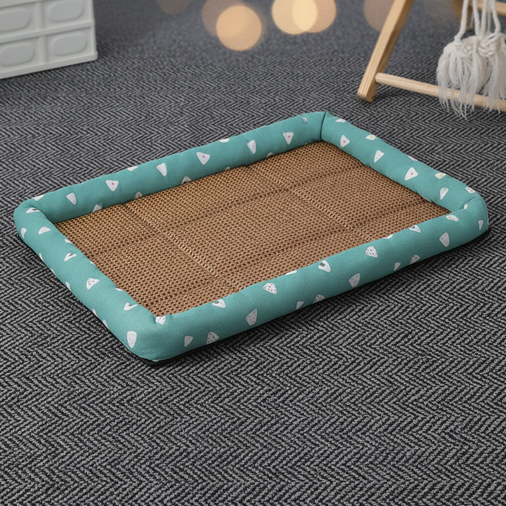 ChillTail avocado print mat with removable rattan panel shown separately beside bed frame