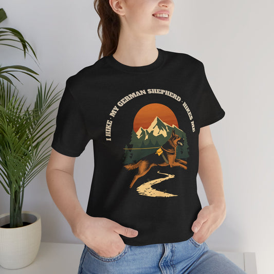 Black german shepherd hiking tee folded flat showing the unisex fit