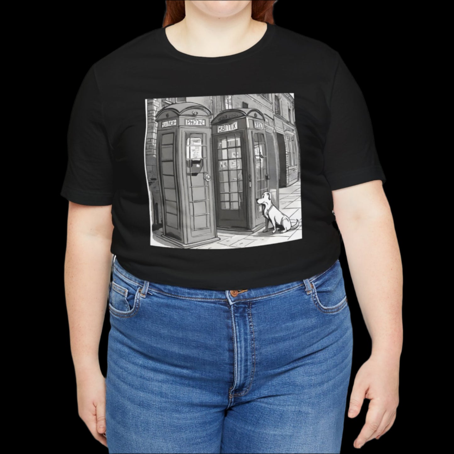 Unisex Jersey Short Sleeve T-shirt Dog and phone box - Sniff Waggle And Walk britishphone box and dog black closeup