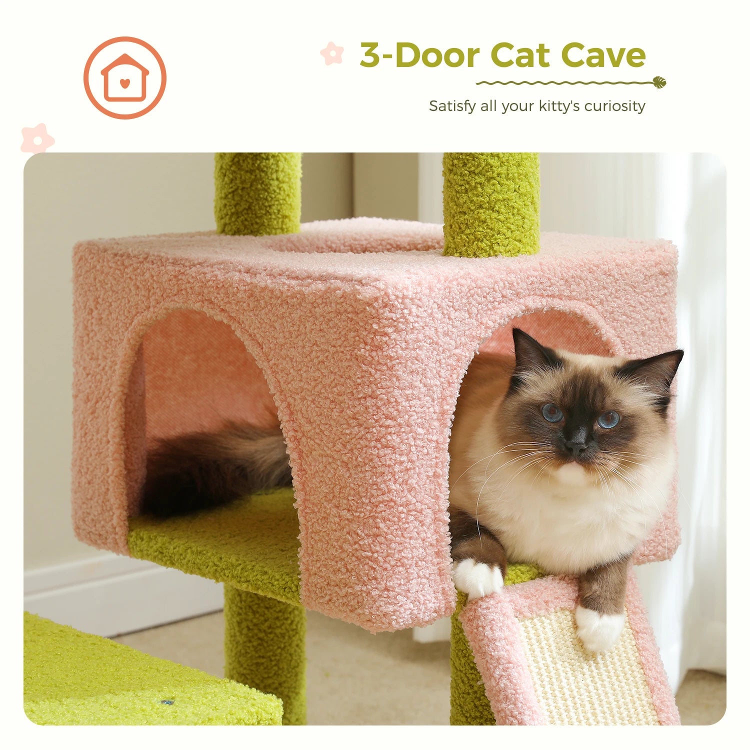 Cat playing inside a pink and green 3-door cat cave.