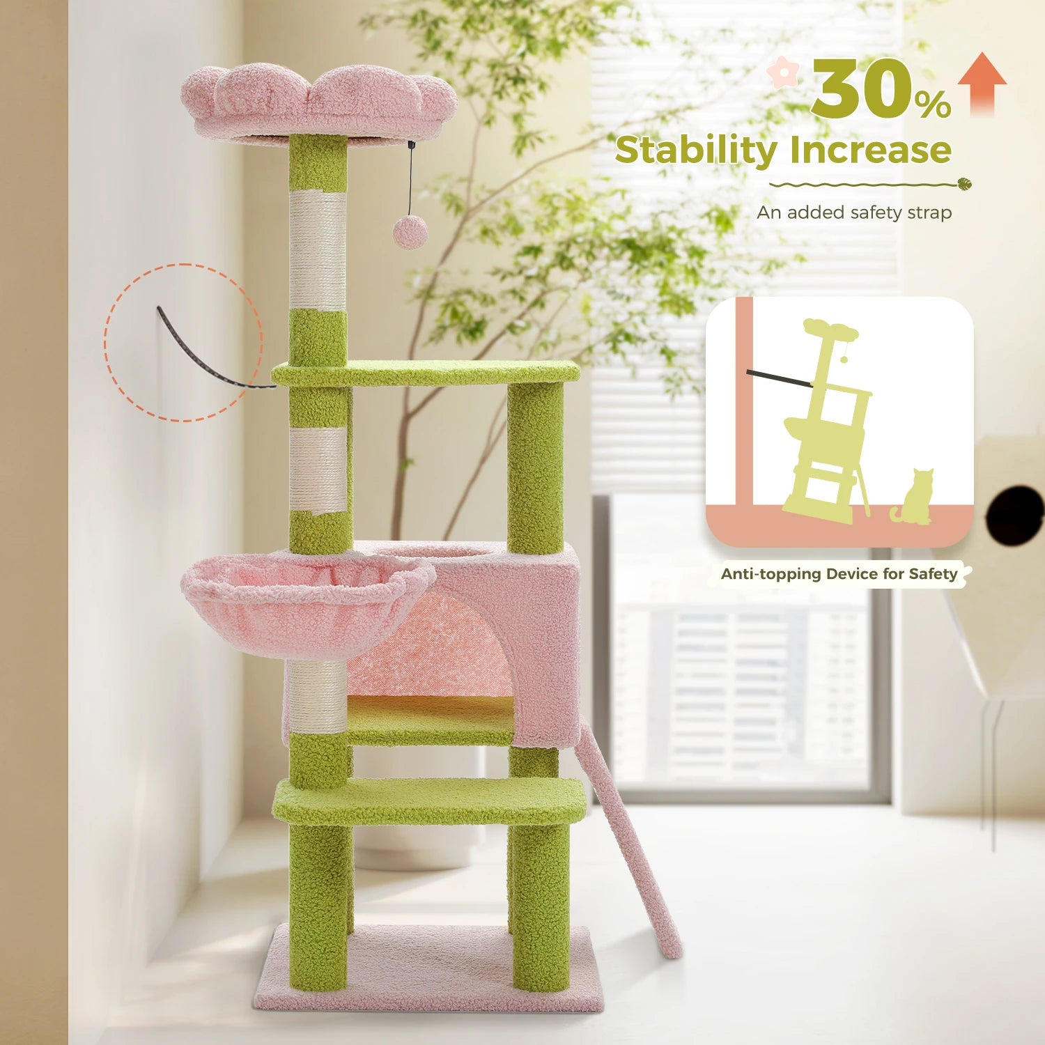 Pink and green cat tree with stability increase feature in a room setting.