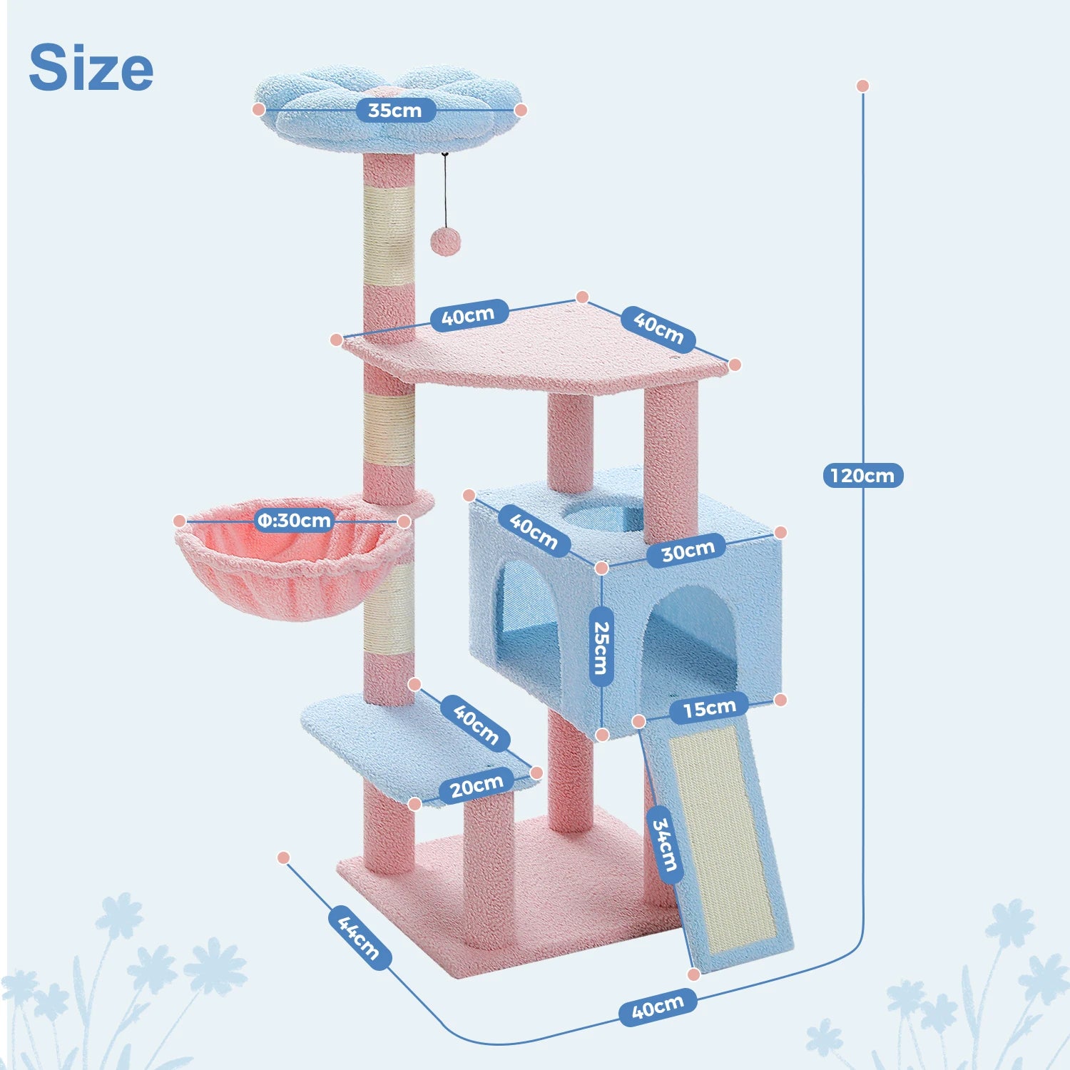 Measurement chart of a pink and blue cat tree with dimensions labeled.