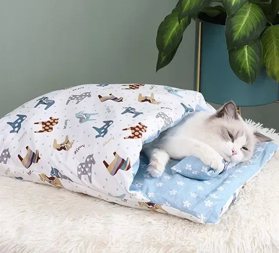 Cat lying on a patterned pet bed with a plant in the background