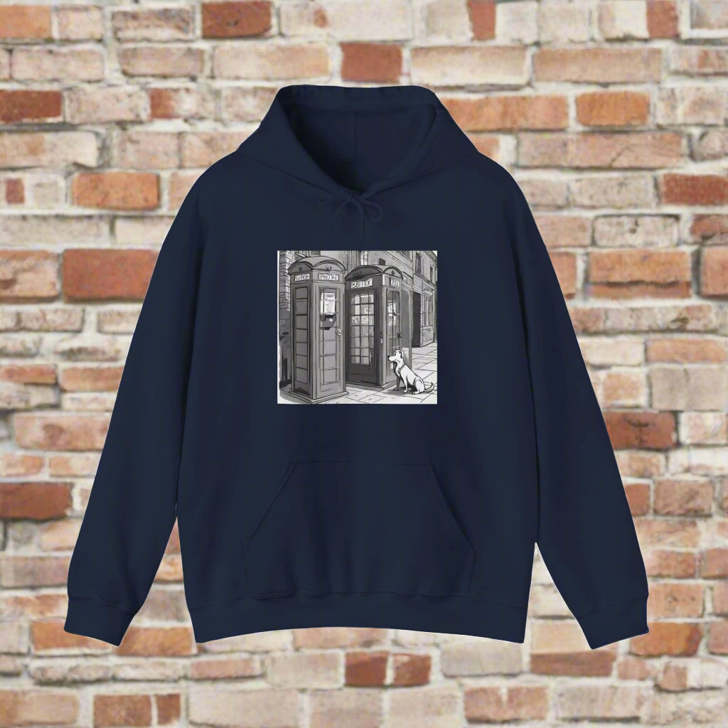 Unisex Heavy Blend™ Dog next to a phone box Hooded Sweatshirt - Sniff Waggle And Walk blue premium hoodie