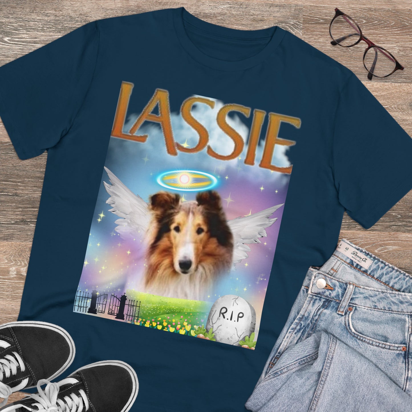 "RIP LASSIE" Organic Creator T-shirt - Unisex by Sniffwaggleandwalk™ - Sniff Waggle And Walk
