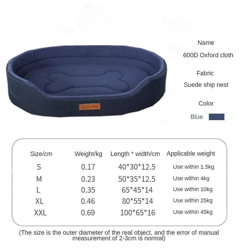 Blue pet bed with product details on a white background
