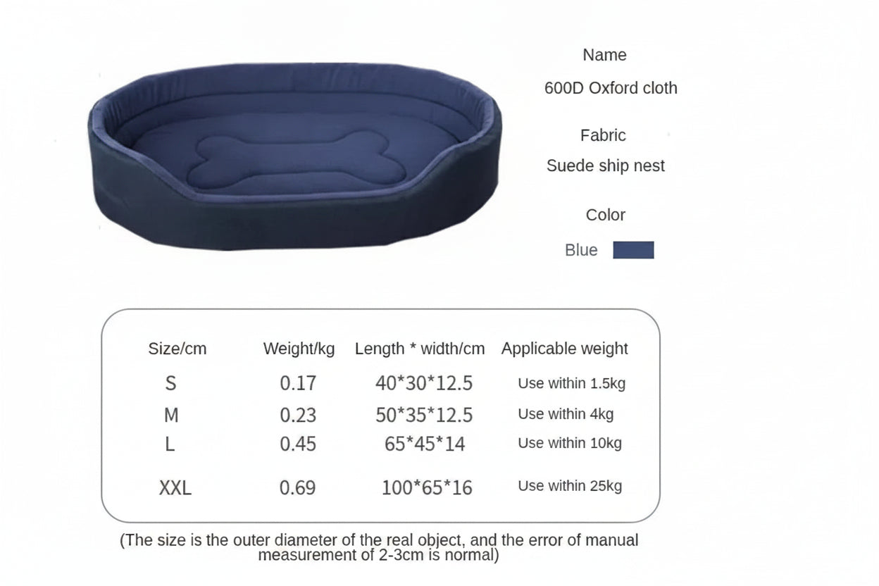 PoshPup OvalNest blue oval dog bed with product details and size chart
