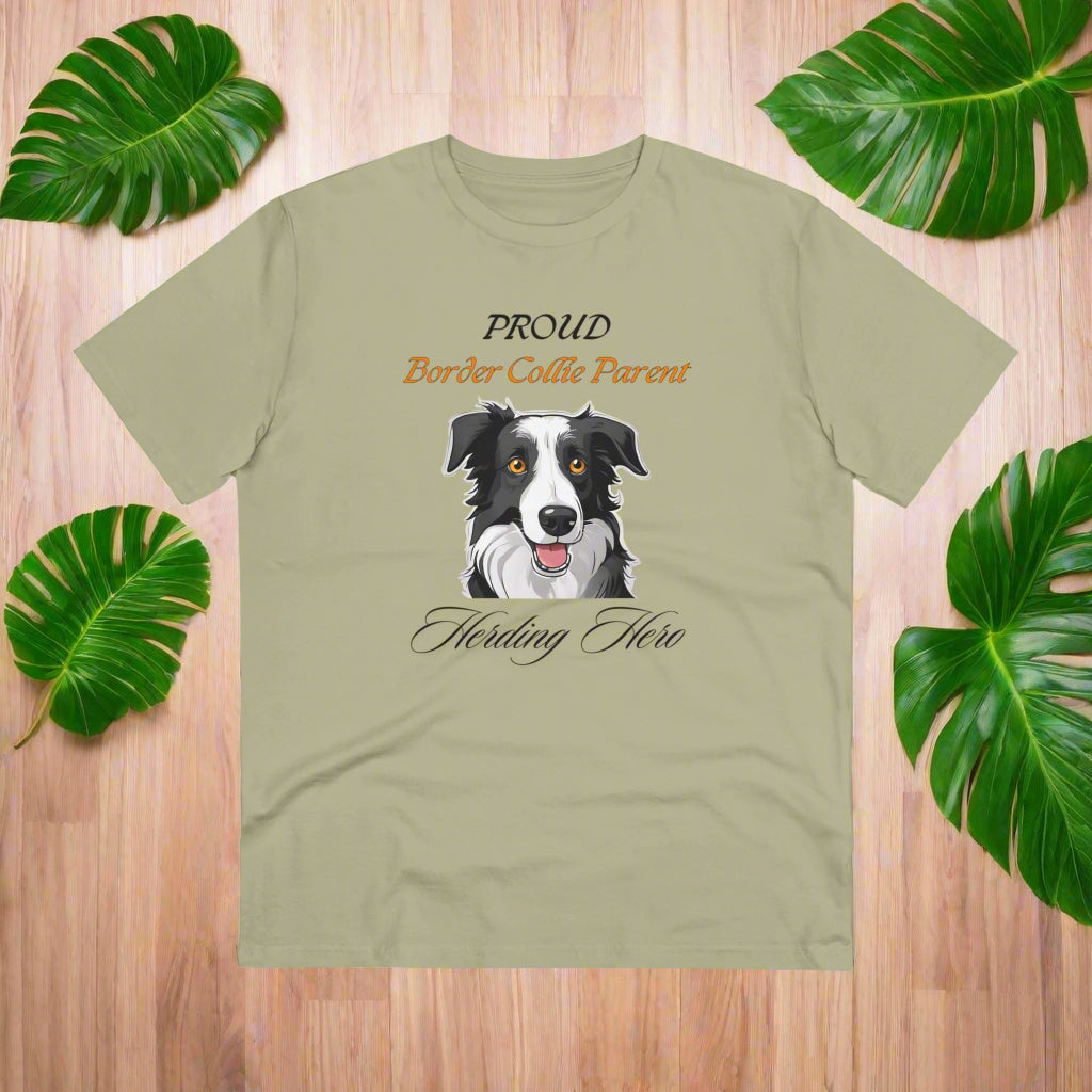 PROUD BORDER COLLIE PARENT "Herding Hero" Organic T-shirt - Unisex - Sniff Waggle And Walk green baige