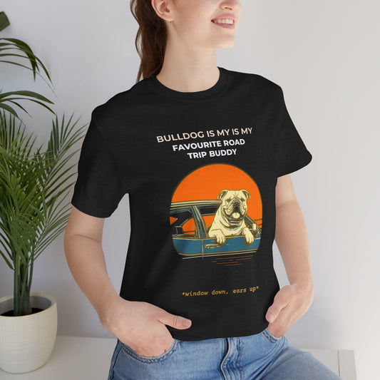 Bulldog Road Trip Buddy t-shirt — funny Bulldog travel tee on Bella+Canvas 3001, view 2