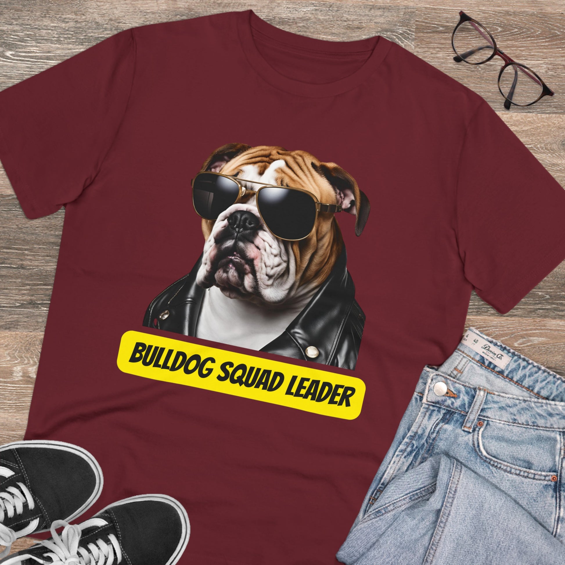 "BULLDOG SQUAD LEADER" Organic bulldog lovers tshirts burgundy