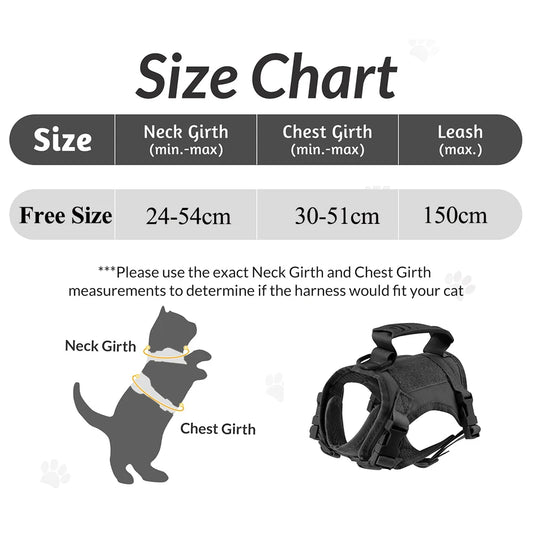 Cat harness size chart: neck 24-54cm, chest 30-51cm, leash 150cm