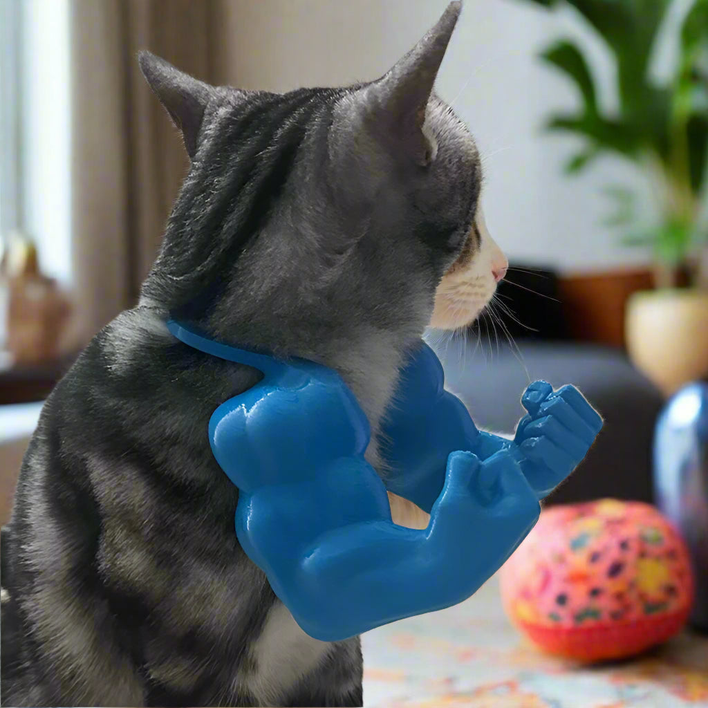Cat wearing a blue arm costume with fake muscles on a textured floor.