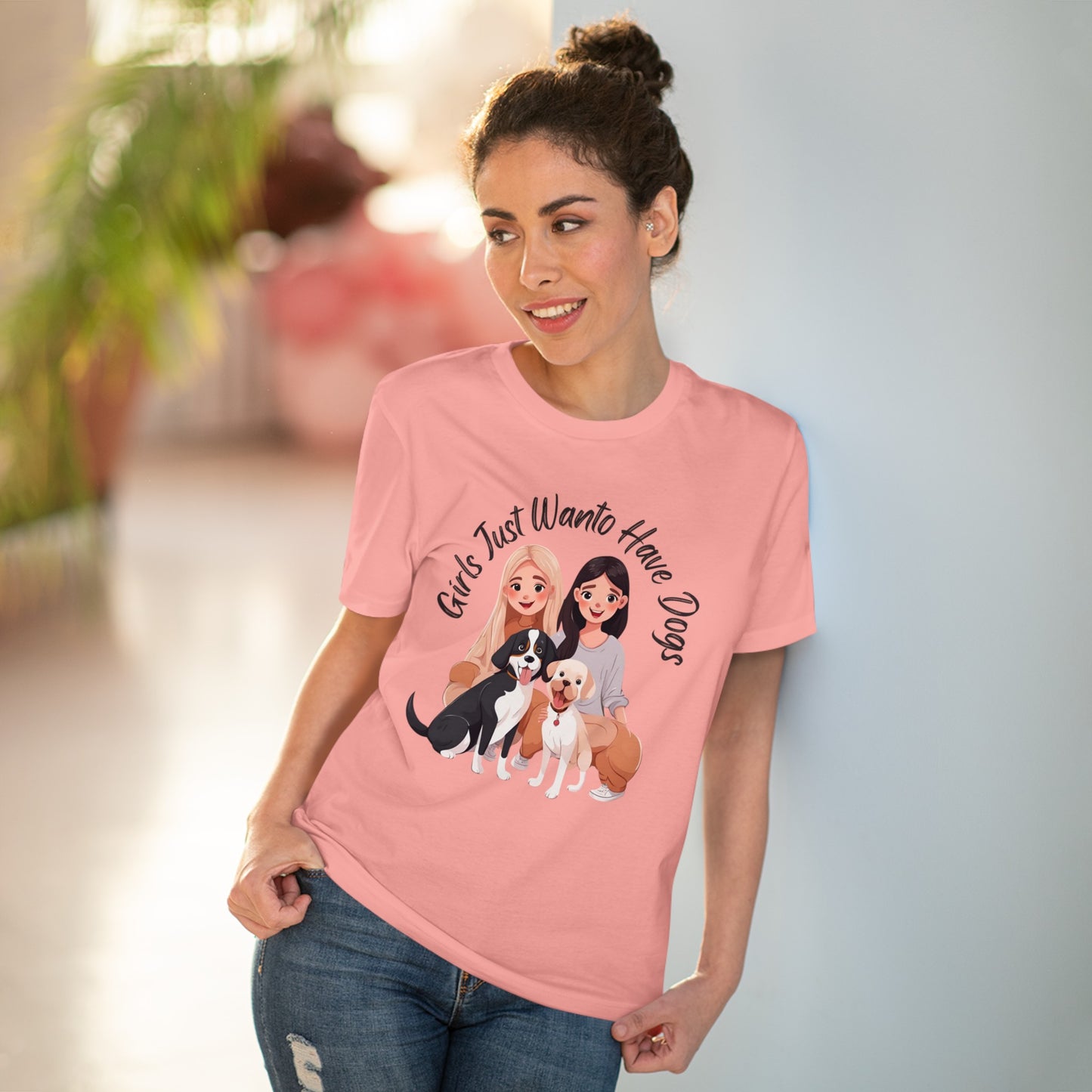 "GIRLS JUST WANTO HAVE DOGS" Organic T-shirt - Unisex -PINK  Sniff Waggle And Walk