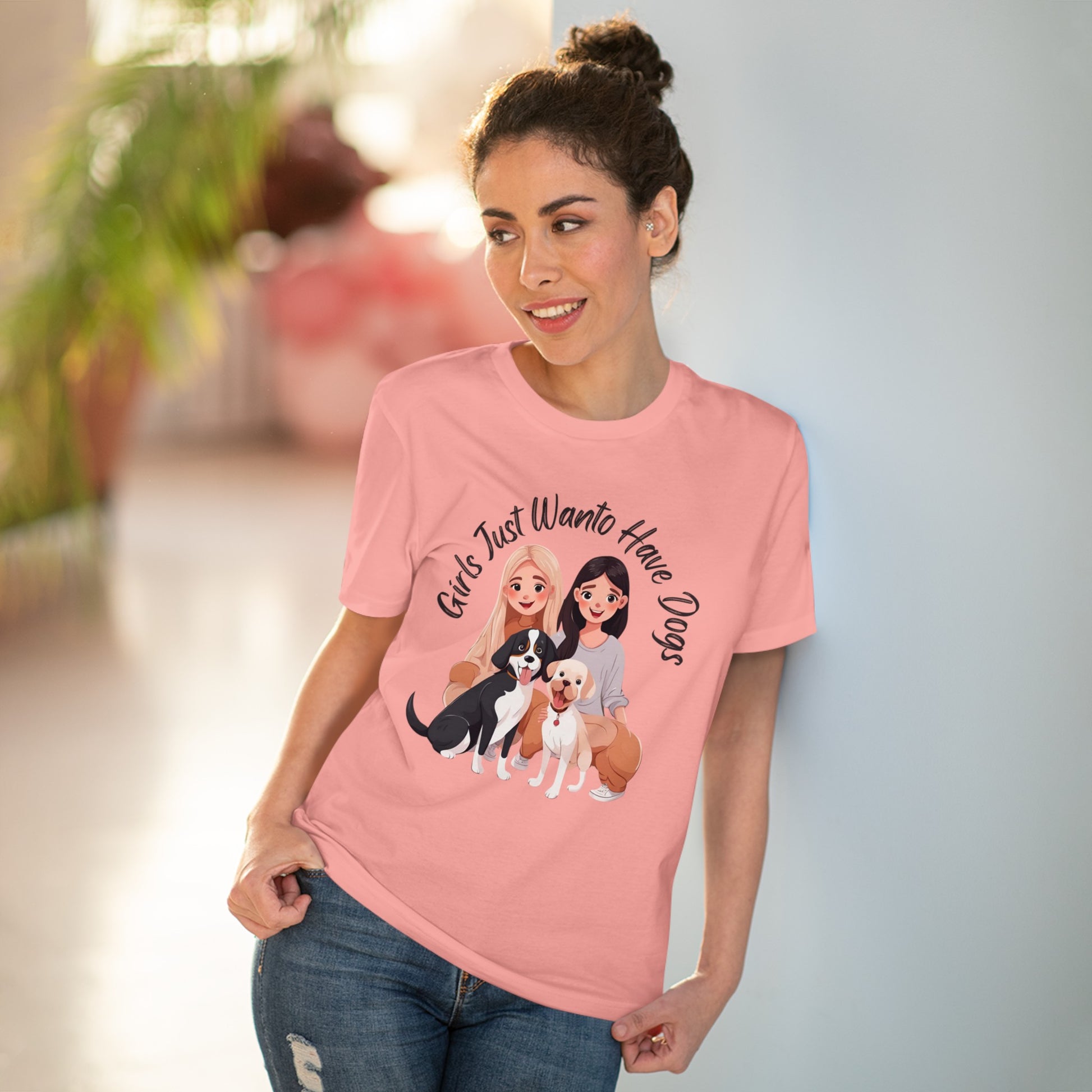 "GIRLS JUST WANTO HAVE DOGS" Organic T-shirt - Unisex -PINK  Sniff Waggle And Walk