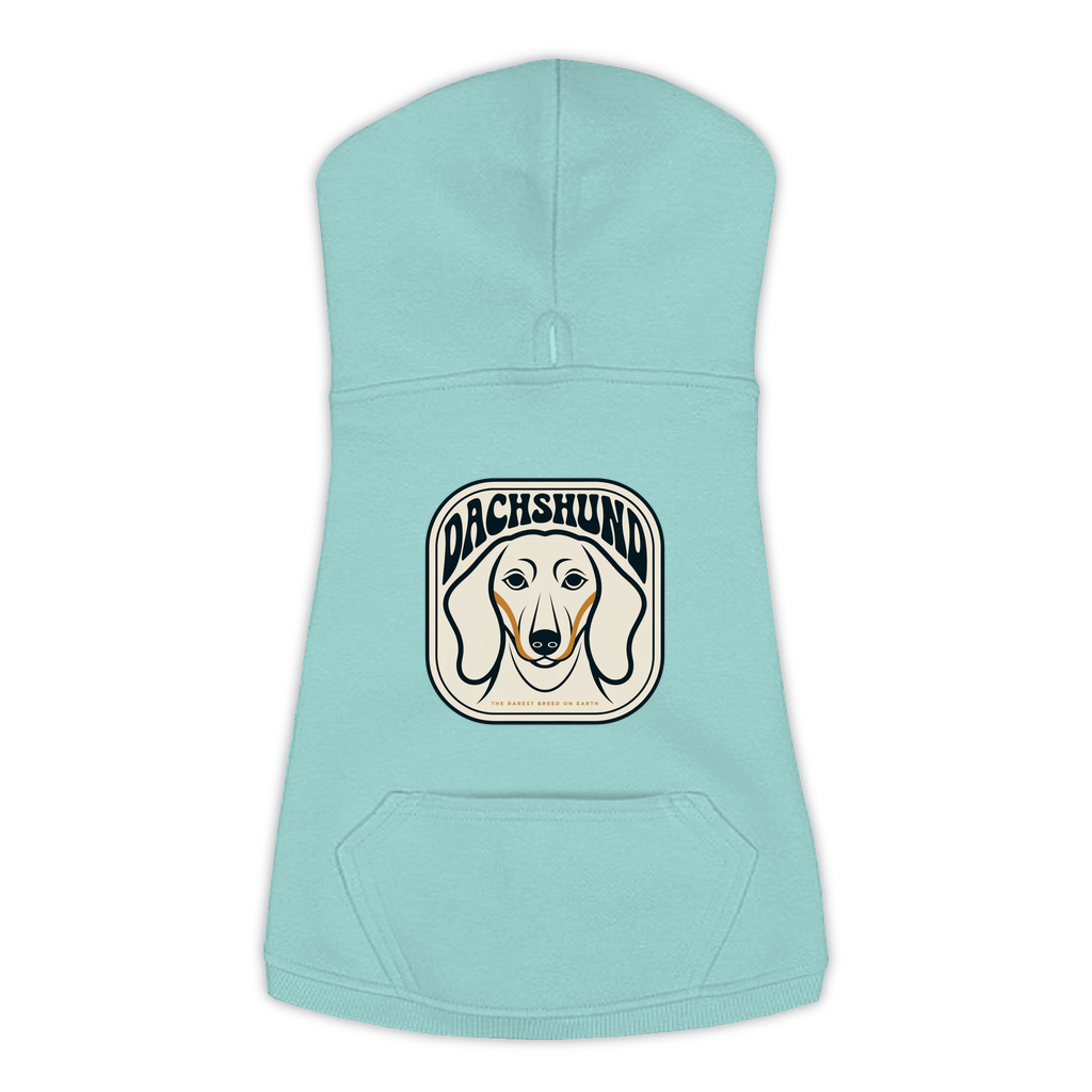 Dachshund dog hoodie in Saltwater — gold crest emblem print on cosy fleece pullover