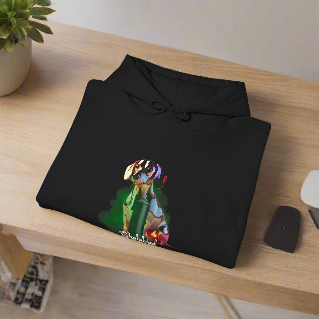 dachshund hoodie, dachshund lover gift, dog lover hoodie, cozy dog hoodie black back view hood down folded view