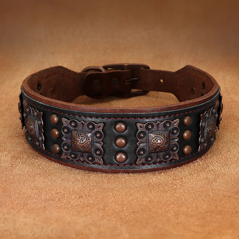 Decorative leather dog collar with metal studs on a brown background