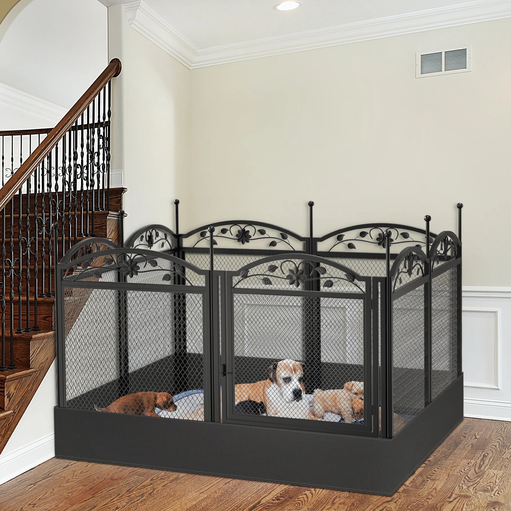 Spacious dog enclosure with durable metal panels