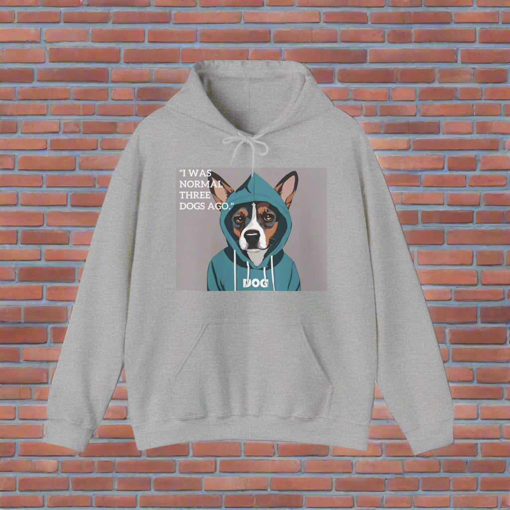Unisex Heavy Blend™ I was normal three dogs ago Hooded Sweatshirt - Sniff Waggle And Walk gray dog walker top